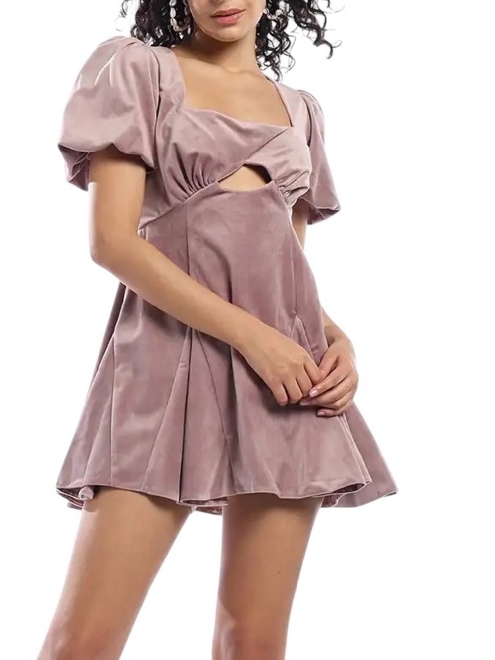ASOS DESIGN Petite Velvet Mini Dress US 10 Mauve Puff Sleeve Cutout Tie Back